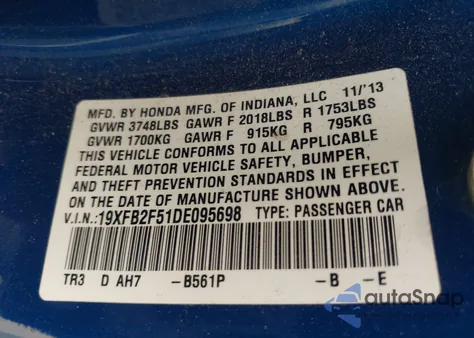 2013 Honda Civic Lx из США, поврежденный, VIN 19XFB2F51DE095698